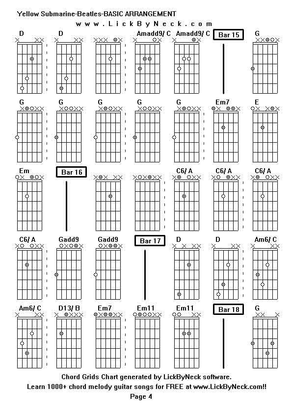 Chord Grids Chart of chord melody fingerstyle guitar song-Yellow Submarine-Beatles-BASIC ARRANGEMENT,generated by LickByNeck software.